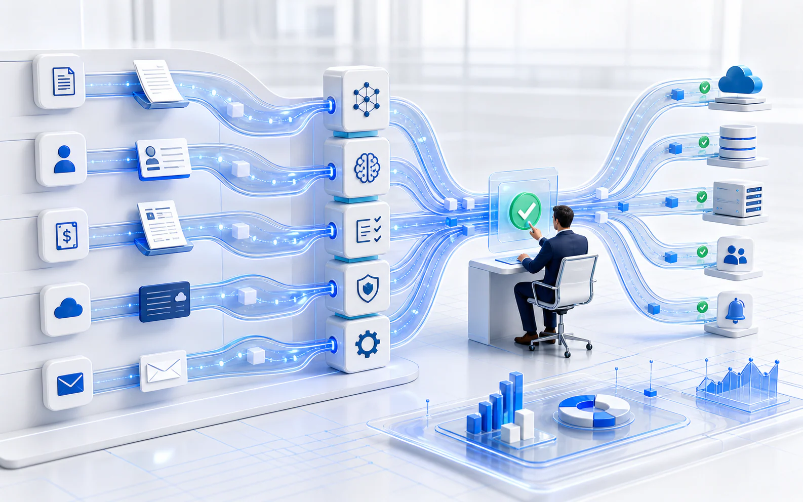 Interconnected automated workflows moving through enterprise systems